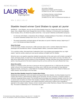 Staebler Award Winner Carol Shaben to Speak at Laurier