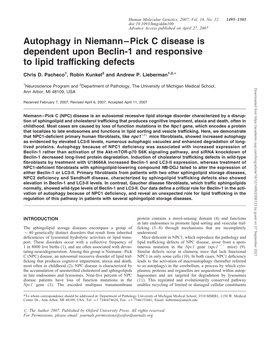 Autophagy in Niemann–Pick C Disease Is Dependent Upon Beclin-1 and Responsive to Lipid Trafﬁcking Defects