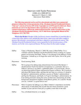 Interview with Taylor Pensoneau # ISG-A-L-2009-007.01 Interview # 1: March 11, 2009 Interviewer: Mark Depue