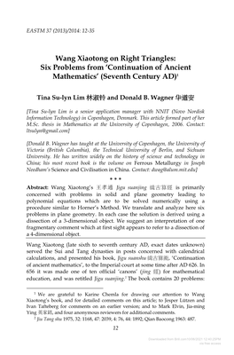 Wang Xiaotong on Right Triangles: Six Problems from ‘Continuation of Ancient Mathematics’ (Seventh Century AD)1