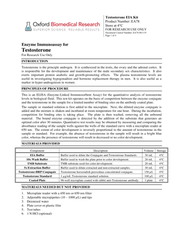 Testosterone EIA Kit Product Number: EA78 Store at 4°C for RESEARCH USE ONLY Document Control Number: EA78.081119 Page 1 of 5