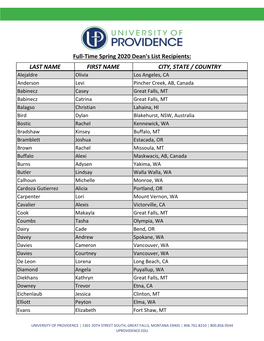 University of Providence Dean's List Spring 2020