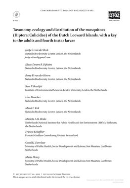 Taxonomy, Ecology and Distribution of the Mosquitoes (Diptera: Culicidae) of the Dutch Leeward Islands, with a Key to the Adults and Fourth Instar Larvae