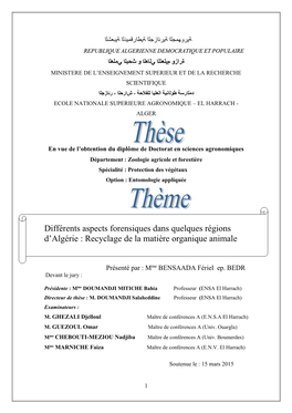 Différents Aspects Forensiques Dans Quelques Régions D'algérie