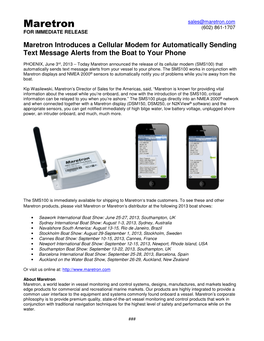 Maretron Introduces a Cellular Modem for Automatically Sending Text Message Alerts from the Boat to Your Phone