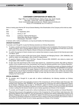 Notice Container Corporation of India Ltd