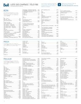 LISTE DES CHAÎNES TÉLÉ FIBE Enregistrements À Partir De Votre Bell.Ca/Tele-Fibe/Application Tele Fibe