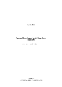 Papers of John Hagan, Irish College Rome (1904-1930)