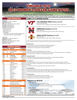 Virginia Tech 2012 Women's Soccer Game Notes