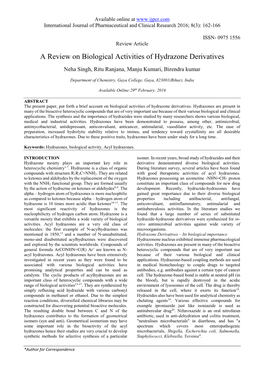 A Review on Biological Activities of Hydrazone Derivatives