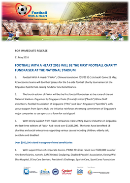 Football with a Heart 2016 Will Be the First Football Charity Fundraiser at the National Stadium