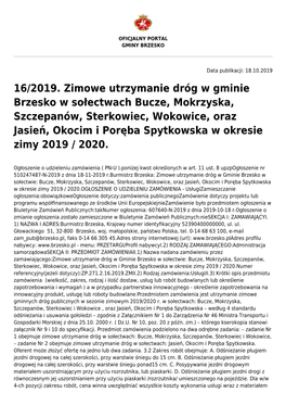 16/2019. Zimowe Utrzymanie Dróg W Gminie Brzesko W Sołectwach