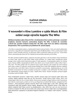 V Novembri V Kine Lumičre V Cykle Music & Film Oslávi Svoje Výročie