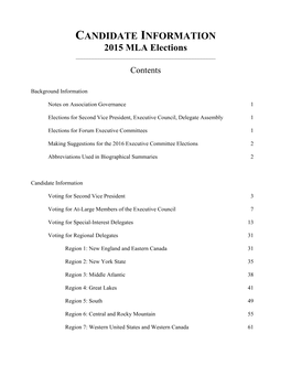 CANDIDATE INFORMATION 2015 MLA Elections ______Contents
