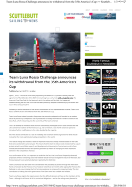 Team Luna Rossa Challenge Announces Its Withdrawal from the 35Th America ’S Cup >> Scuttleb