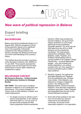 New Wave of Political Repression in Belarus Expert Briefing