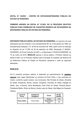 Edital N.º 02/2021 – Centro De Estudos/Defensoria Pública Do Estado De Rondônia