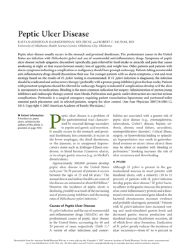 Peptic Ulcer Disease KALYANAKRISHNAN RAMAKRISHNAN, MD, FRCSE, and ROBERT C