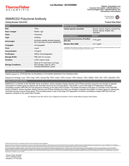 SMARCD2 Polyclonal Antibody Catalog Number PA5-41441 Product Data Sheet