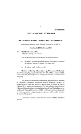 1 (52Nd Session) NATIONAL ASSEMBLY SECRETARIAT ———— “QUESTIONS for ORAL ANSWERS and THEIR REPLIES” to Be Asked A