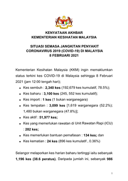 (Covid-19) Di Malaysia 8 Februari 2021