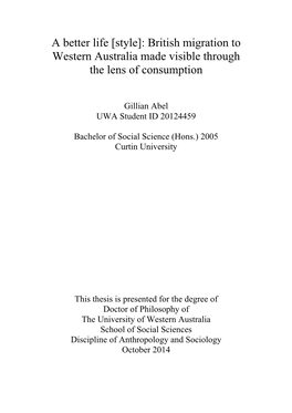 British Migration to Western Australia Made Visible Through the Lens of Consumption