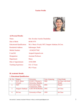 Smt. Sevekari Asmita Chandrahas Date of Birth: 08/08/1979 Educational Qualification: M.A