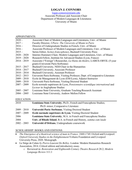 LOGAN J. CONNORS Logan.Connors@Miami.Edu Associate Professor and Associate Chair Department of Modern Languages & Literatures University of Miami