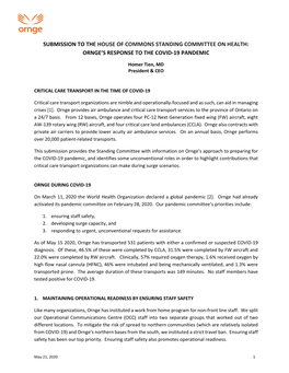 Submission to the House of Commons Standing Committee on Health: Ornge’S Response to the Covid-19 Pandemic