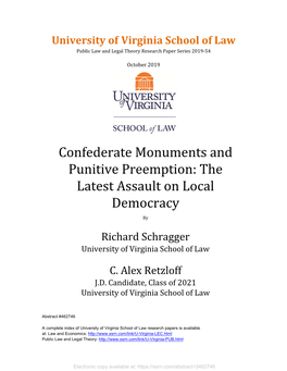 Confederate Monuments and Punitive Preemption: the Latest Assaultby on Local Democracy University of Virginia School of La Richard Schragger W