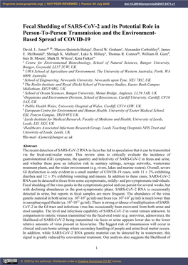 Fecal Shedding of SARS-Cov-2 and Its Potential Role in Person-To-Person Transmission and the Environment- Based Spread of COVID-19