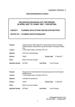 2 Delegated Decision List for Period 20 April 2007 to 18