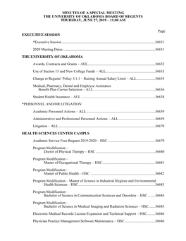 MINUTES of a SPECIAL MEETING the UNIVERSITY of OKLAHOMA BOARD of REGENTS THURSDAY, JUNE 27, 2019 – 11:00 AM Page EXECUTIVE