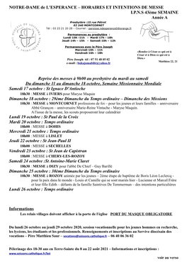 HORAIRES ET INTENTIONS DE MESSE IPNS 43Ème SEMAINE