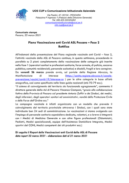 Piano Vaccinazione Anti Covid ASL Pescara – Fase 2 Rettifica