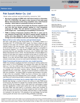 Pak Suzuki Motor Co. Ltd Sell Weak Sales Outlook and Profitability Concerns; Sell PSMC PA
