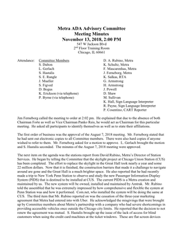 Metra ADA Advisory Committee Meeting Minutes November 13, 2018, 2:00 PM 547 W Jackson Blvd 2Nd Floor Training Room Chicago, IL 60661