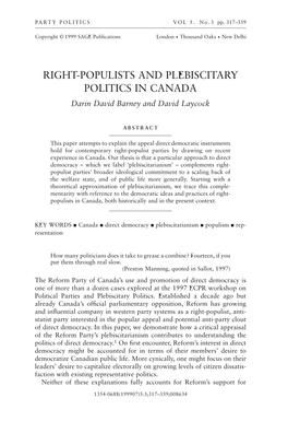 RIGHT-POPULISTS and PLEBISCITARY POLITICS in CANADA Darin David Barney and David Laycock