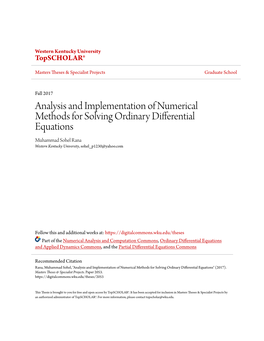 Analysis and Implementation of Numerical Methods for Solving Ordinary Differential Equations Muhammad Sohel Rana Western Kentucky University, Sohel P1230@Yahoo.Com