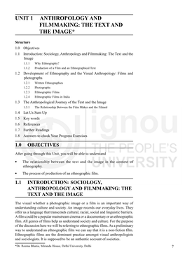 UNIT 1 ANTHROPOLOGY and Filmmaking: the Text and the Image FILMMAKING: the TEXT and the IMAGE*