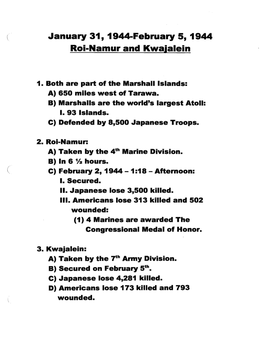 January 31, 1944-February 5, 1944 Roi-Namur and Kwajalein