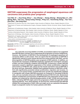 DEPTOR Suppresses the Progression of Esophageal Squamous Cell Carcinoma and Predicts Poor Prognosis