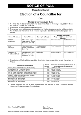 NOTICE of POLL Election of a Councillor