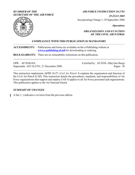 AIR FORCE INSTRUCTION 10-2701 SECRETARY of the AIR FORCE 29 JULY 2005 Incorporating Change 1, 29 September 2006