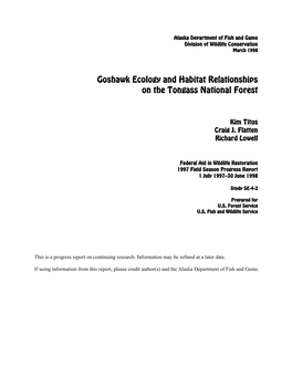 Goshawk Ecology and Habitat Relationships on the Tongass National Forest