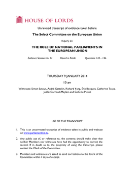 Unrevised Transcript of Evidence Taken Before the Select Committee on the European Union