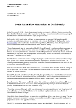 South Sudan: Place Moratorium on Death Penalty