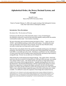 Alphabetical Order, the Dewey Decimal System, and Google