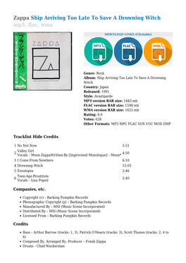 Zappa Ship Arriving Too Late to Save a Drowning Witch Mp3, Flac, Wma