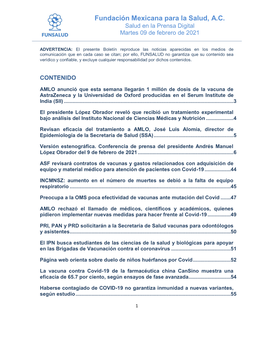 Fundación Mexicana Para La Salud, A.C. Salud En La Prensa Digital Martes 09 De Febrero De 2021